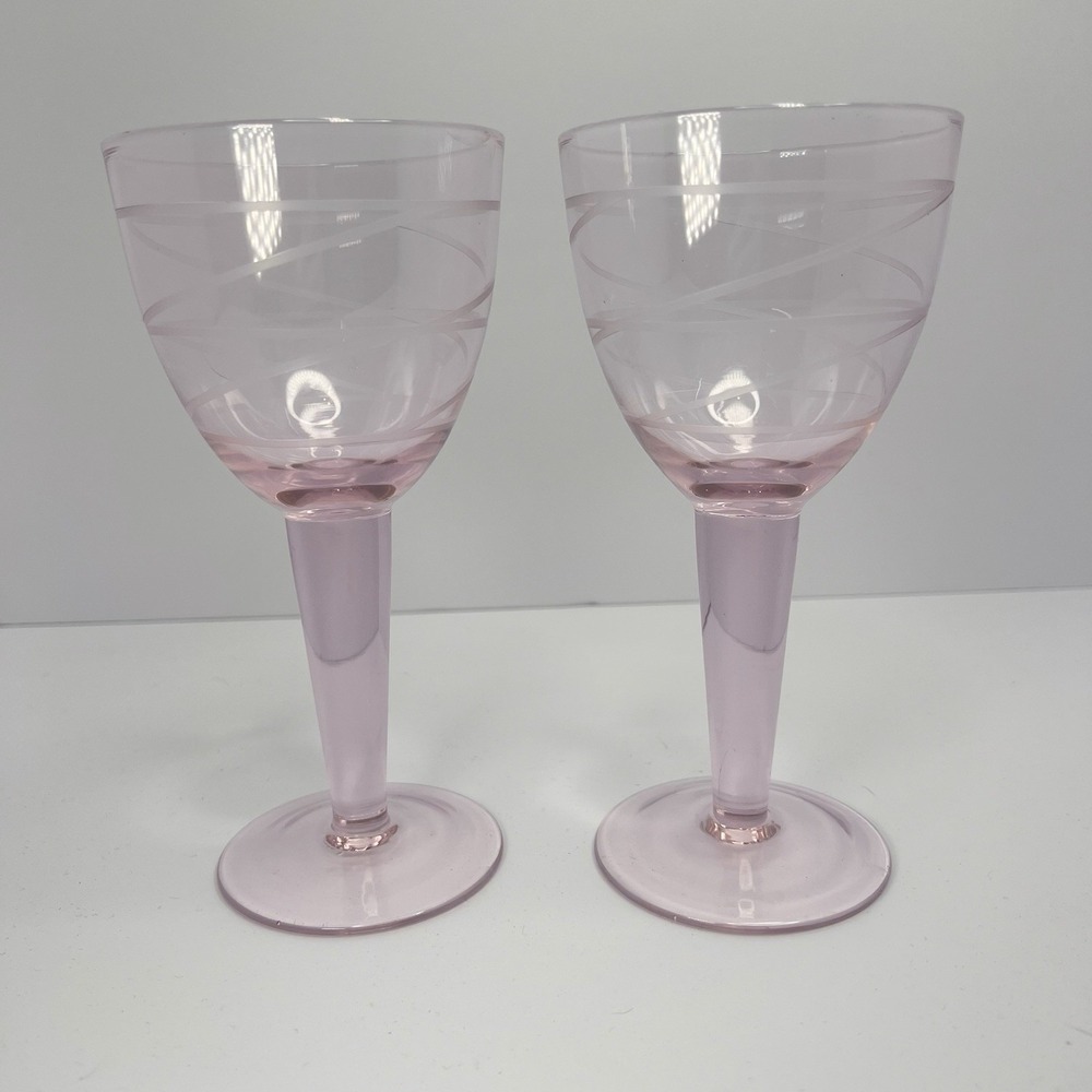 Vintage Pink MCM Wine Glasses Etched Swirl Pattern Thick Stem  7" Set of 2‎